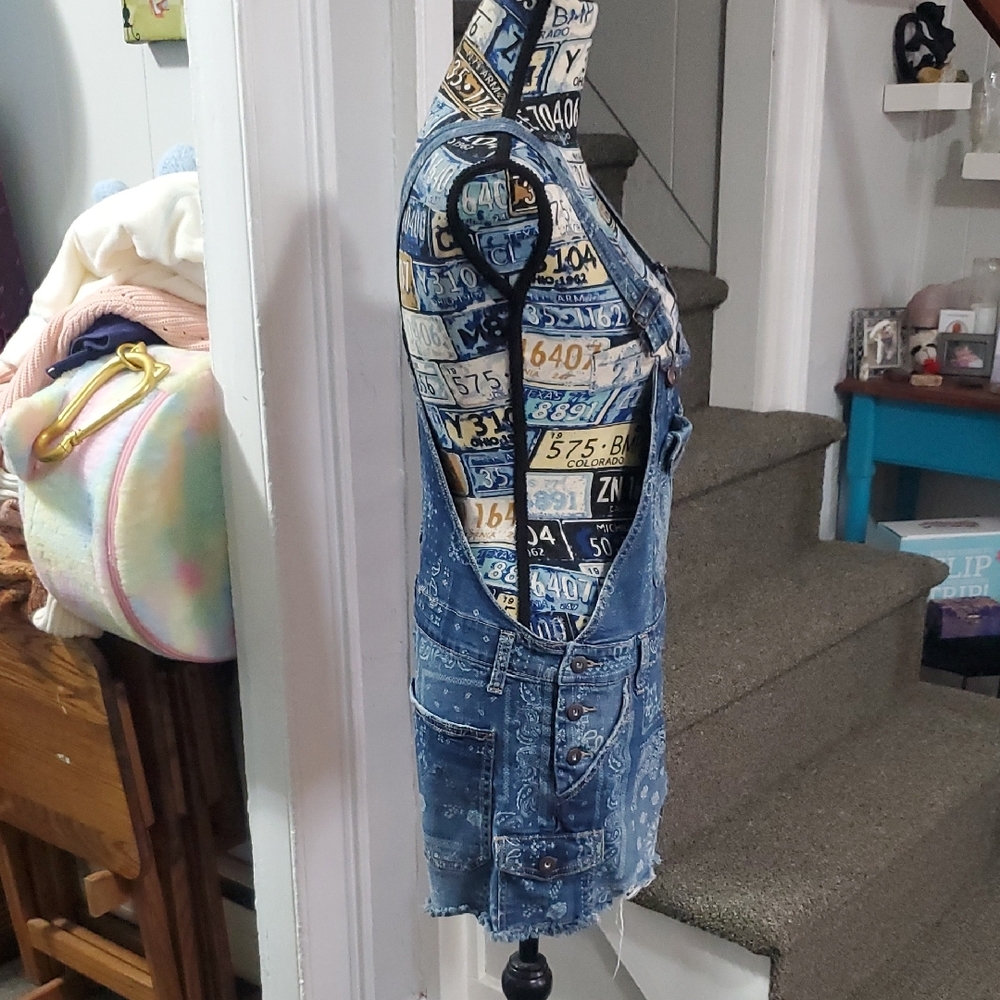 Blue Denim Patterned Ripped Overall Shorts! - Picture 5 of 15